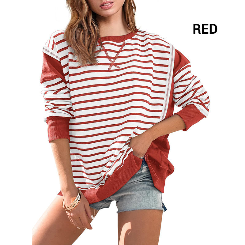 🌸New in autumn-60% OFF🌸Stylish Round Neck Striped Colorblocking Tops