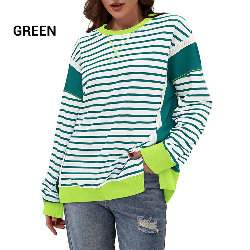 🌸New in autumn-60% OFF🌸Stylish Round Neck Striped Colorblocking Tops