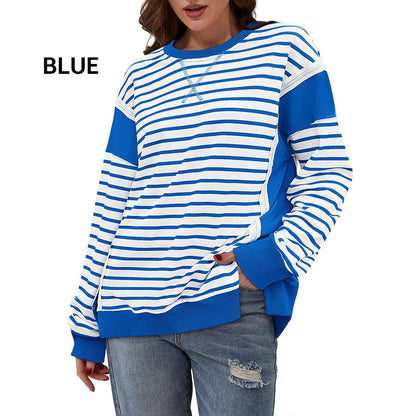 🌸New in autumn-60% OFF🌸Stylish Round Neck Striped Colorblocking Tops