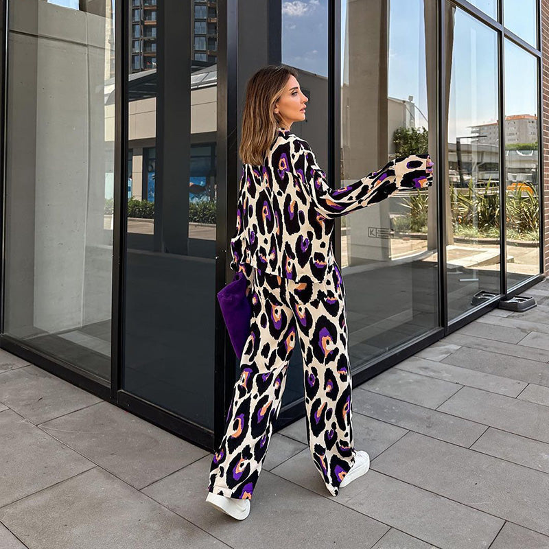 ✨Hot Sale 50% off🏵️Printed Flip Collar Long Sleeve Top & Wide Leg Pants 2-piece Set