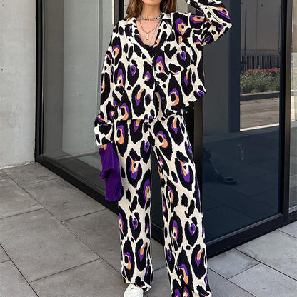 ✨Hot Sale 50% off🏵️Printed Flip Collar Long Sleeve Top & Wide Leg Pants 2-piece Set