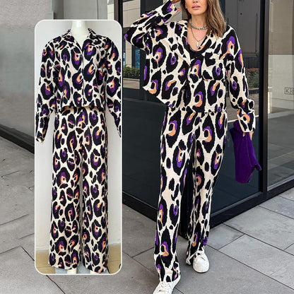 ✨Hot Sale 50% off🏵️Printed Flip Collar Long Sleeve Top & Wide Leg Pants 2-piece Set