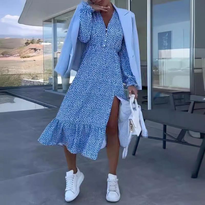 🌟50% off hot deals👗Women’s Blue Printed V-neck Long-sleeve Dress