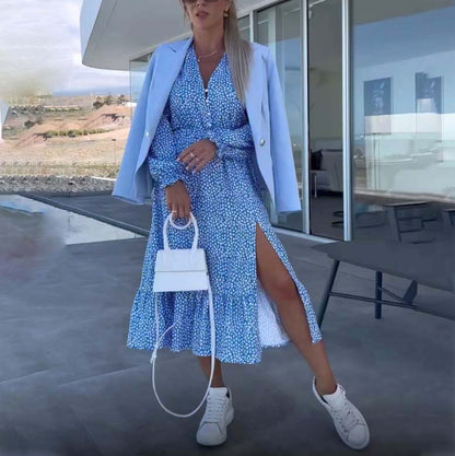 🌟50% off hot deals👗Women’s Blue Printed V-neck Long-sleeve Dress