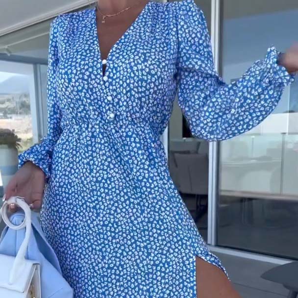 🌟50% off hot deals👗Women’s Blue Printed V-neck Long-sleeve Dress