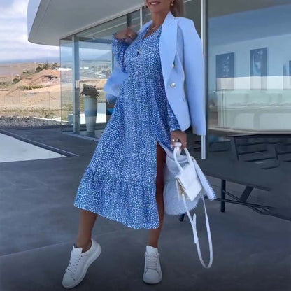 🌟50% off hot deals👗Women’s Blue Printed V-neck Long-sleeve Dress