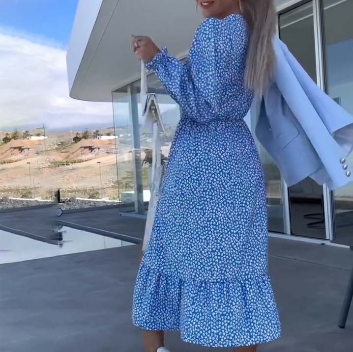 🌟50% off hot deals👗Women’s Blue Printed V-neck Long-sleeve Dress