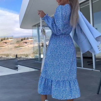 🌟50% off hot deals👗Women’s Blue Printed V-neck Long-sleeve Dress