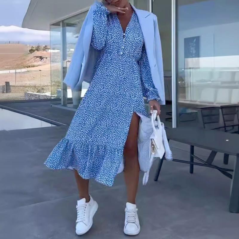 🌟50% off hot deals👗Women’s Blue Printed V-neck Long-sleeve Dress