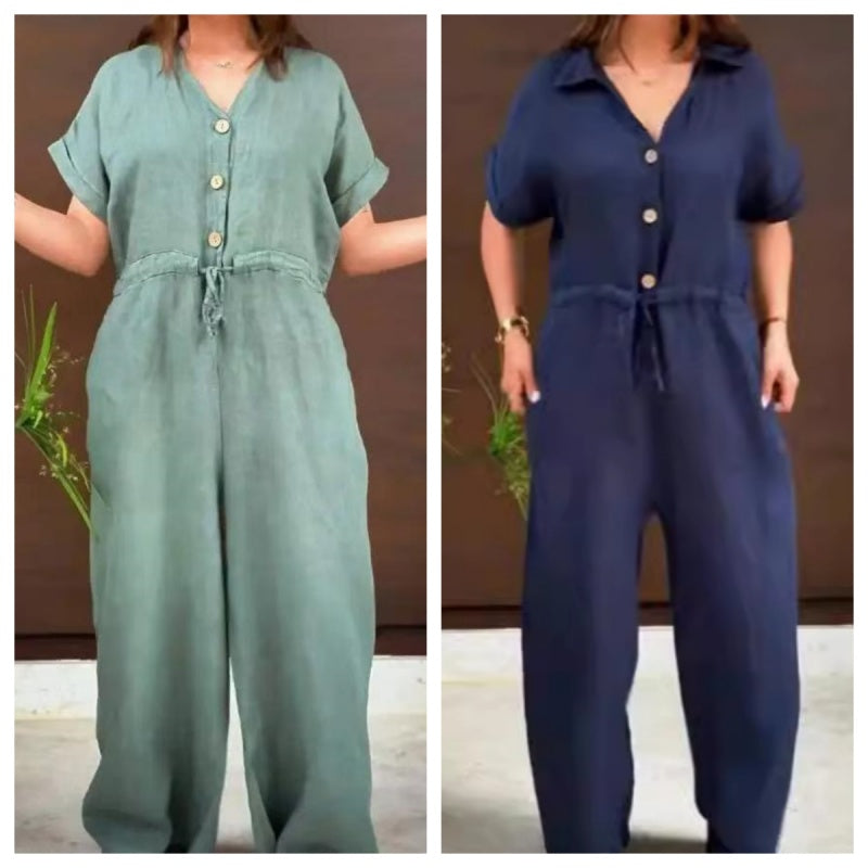 🌸HOT SALE 50% OFF🌸Women's Solid Lapel Button Down Drawstring Jumpsuits