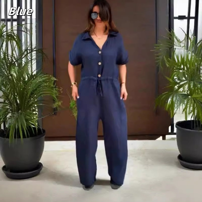 🌸HOT SALE 50% OFF🌸Women's Solid Lapel Button Down Drawstring Jumpsuits