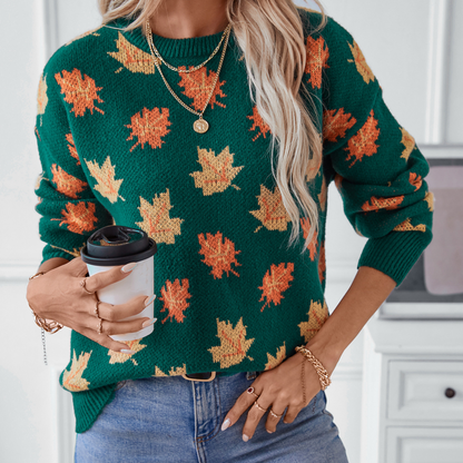 🔥65% off for a limited time🔥Women's Casual Knit Sweater with Maple Leaf Pattern