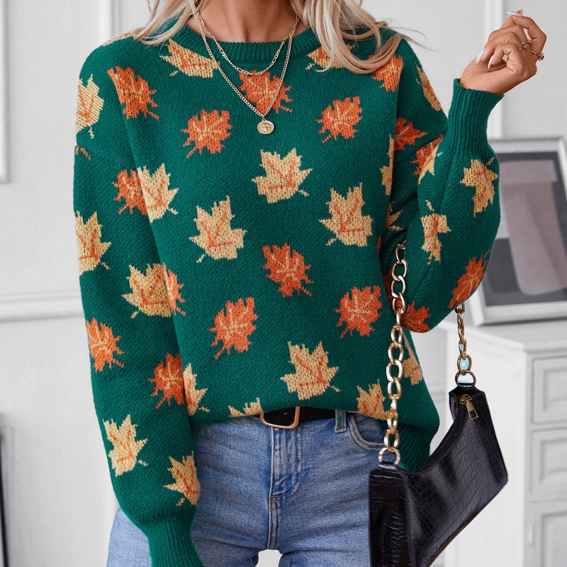 🔥65% off for a limited time🔥Women's Casual Knit Sweater with Maple Leaf Pattern