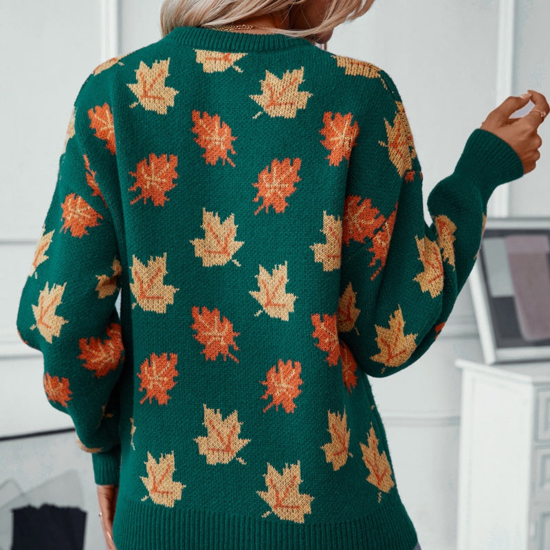 🔥65% off for a limited time🔥Women's Casual Knit Sweater with Maple Leaf Pattern