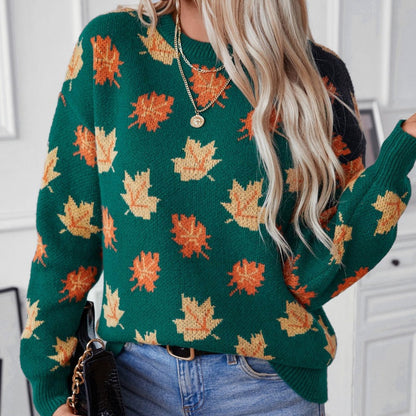 🔥65% off for a limited time🔥Women's Casual Knit Sweater with Maple Leaf Pattern