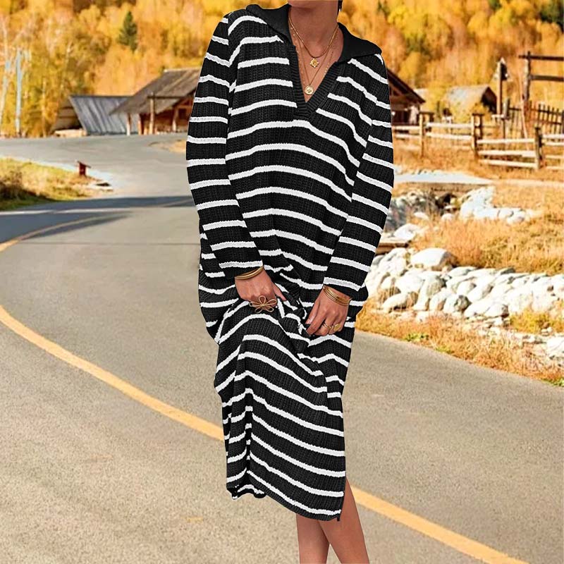 💕New super long skirt with inner layer -50% off💕Elegant V-Neck Striped Split Hem Dress