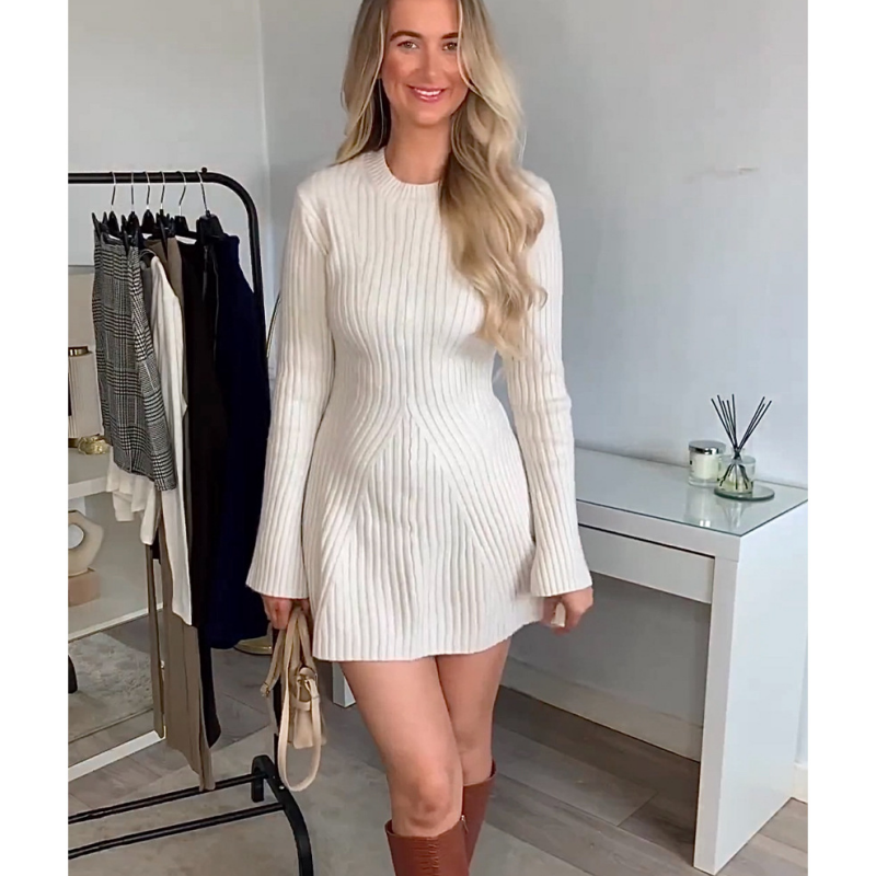 💕Hot Sale 50% OFF💕Solid Color Round Neck Knit Long Sleeve Mini Dress