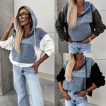 💕New autumn products 50% OFF💕Women's Layered Hoodie Denim Jacket with Drawstring