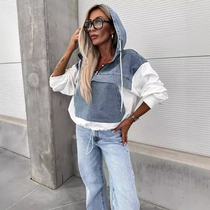 💕New autumn products 50% OFF💕Women's Layered Hoodie Denim Jacket with Drawstring