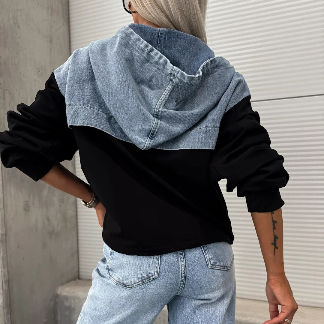 💕New autumn products 50% OFF💕Women's Layered Hoodie Denim Jacket with Drawstring