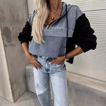 💕New autumn products 50% OFF💕Women's Layered Hoodie Denim Jacket with Drawstring