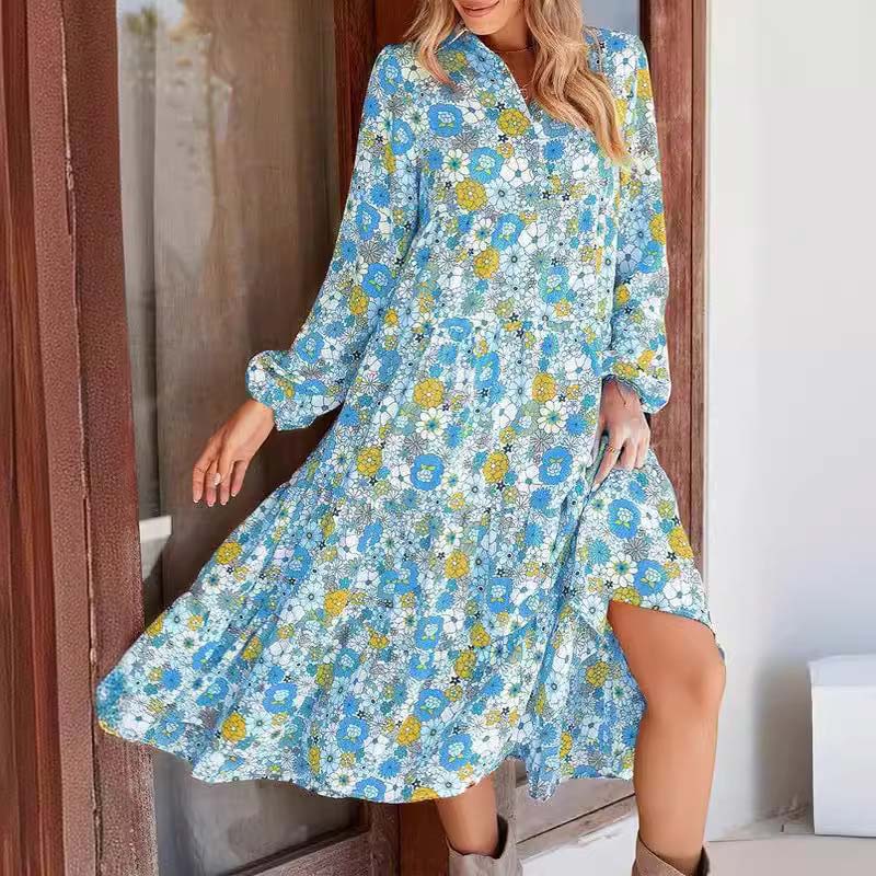 Hot Sale 50% OFF💕Women's Long Sleeve V Neck Bohemian Midi Dress