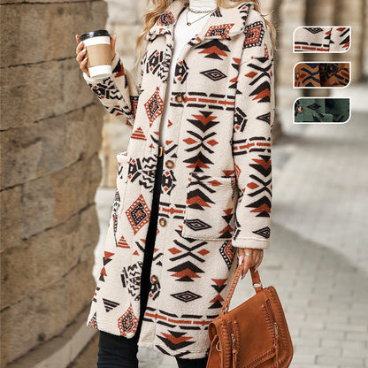 💕Hot Sale 66% OFF💕Women's Lapel Print Long-Sleeve Button Down Coat