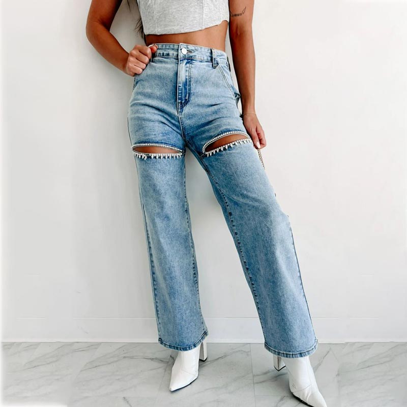 🔥Autumn new style 55% OFF🔥Women’s Rhinestone Ripped Straight-leg Jeans