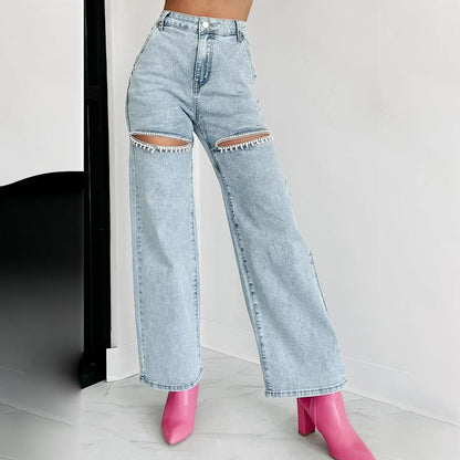 🔥Autumn new style 55% OFF🔥Women’s Rhinestone Ripped Straight-leg Jeans