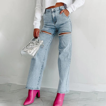 🔥Autumn new style 55% OFF🔥Women’s Rhinestone Ripped Straight-leg Jeans