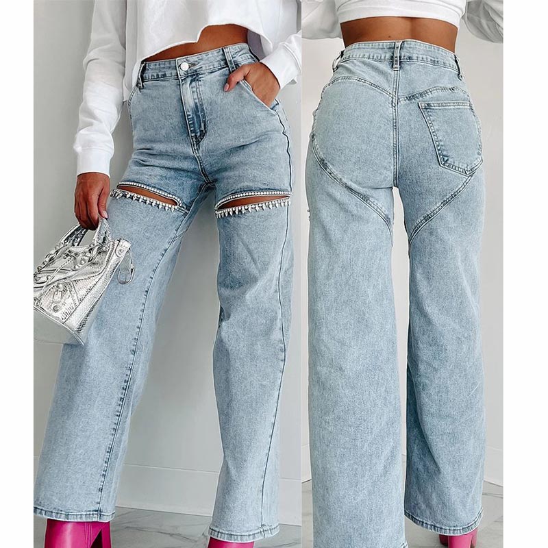 🔥Autumn new style 55% OFF🔥Women’s Rhinestone Ripped Straight-leg Jeans