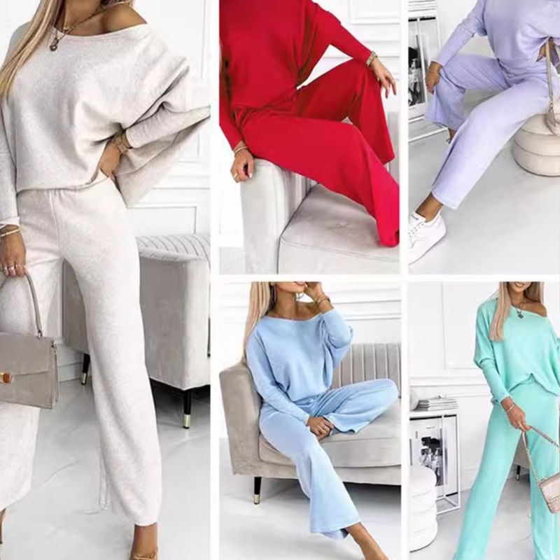 🍁New for autumn✨Women's Solid Color Drop Shoulder Pullover and Loose Pants Set