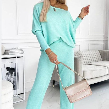 🍁New for autumn✨Women's Solid Color Drop Shoulder Pullover and Loose Pants Set