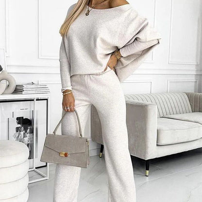 🍁New for autumn✨Women's Solid Color Drop Shoulder Pullover and Loose Pants Set