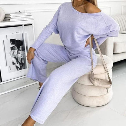 🍁New for autumn✨Women's Solid Color Drop Shoulder Pullover and Loose Pants Set