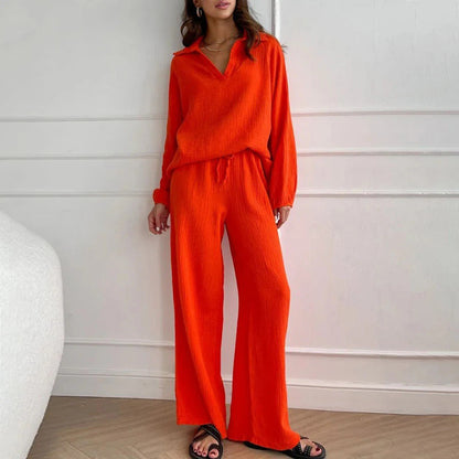 ✨Hot Sale 50% OFF✨Solid Colours 2 Piece Casual Set - V-Neck Top and Wide Leg Trousers