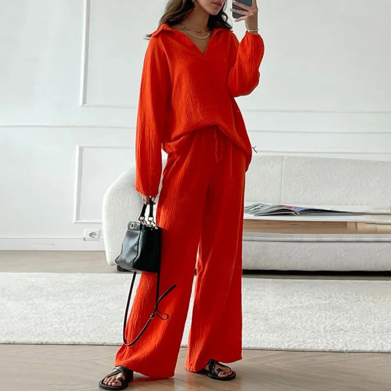 ✨Hot Sale 50% OFF✨Solid Colours 2 Piece Casual Set - V-Neck Top and Wide Leg Trousers