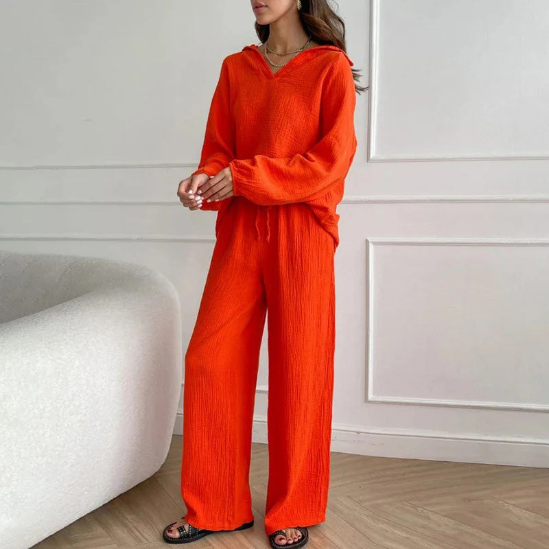 ✨Hot Sale 50% OFF✨Solid Colours 2 Piece Casual Set - V-Neck Top and Wide Leg Trousers