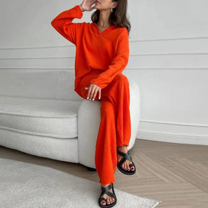 ✨Hot Sale 50% OFF✨Solid Colours 2 Piece Casual Set - V-Neck Top and Wide Leg Trousers