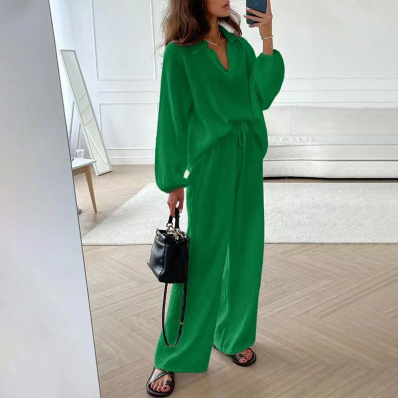 ✨Hot Sale 50% OFF✨Solid Colours 2 Piece Casual Set - V-Neck Top and Wide Leg Trousers