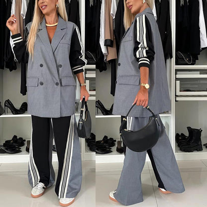 ✨Get 58% off💖Women’s Casual Patchwork Double-breasted Notched Lapel Blazer and Wide-leg Pants Set