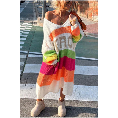 Now enjoy 51% discount🔥Color Block V-Neck Letter Print Sweater Dress