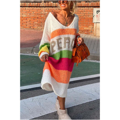 Now enjoy 51% discount🔥Color Block V-Neck Letter Print Sweater Dress