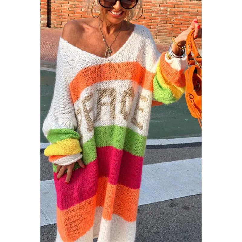 Now enjoy 51% discount🔥Color Block V-Neck Letter Print Sweater Dress