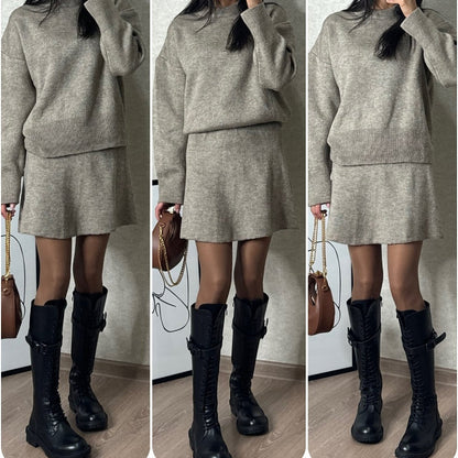 HOT SALE 50%OFF💥 2-Piece Sweater Set: Long-Sleeve Top & Mini Skirt