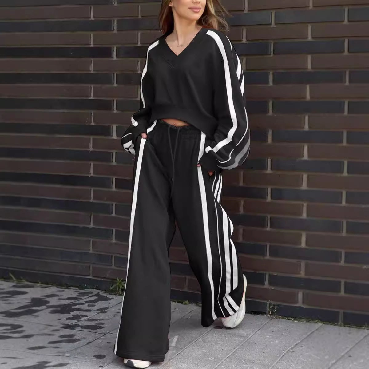 💕New sports suit 51% OFF💕V-Neck Sweatshirt & Wide-Leg Pants 2-Piece Set