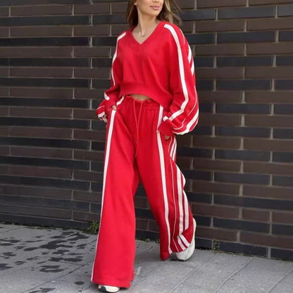 💕New sports suit 51% OFF💕V-Neck Sweatshirt & Wide-Leg Pants 2-Piece Set