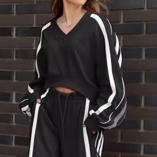 💕New sports suit 51% OFF💕V-Neck Sweatshirt & Wide-Leg Pants 2-Piece Set