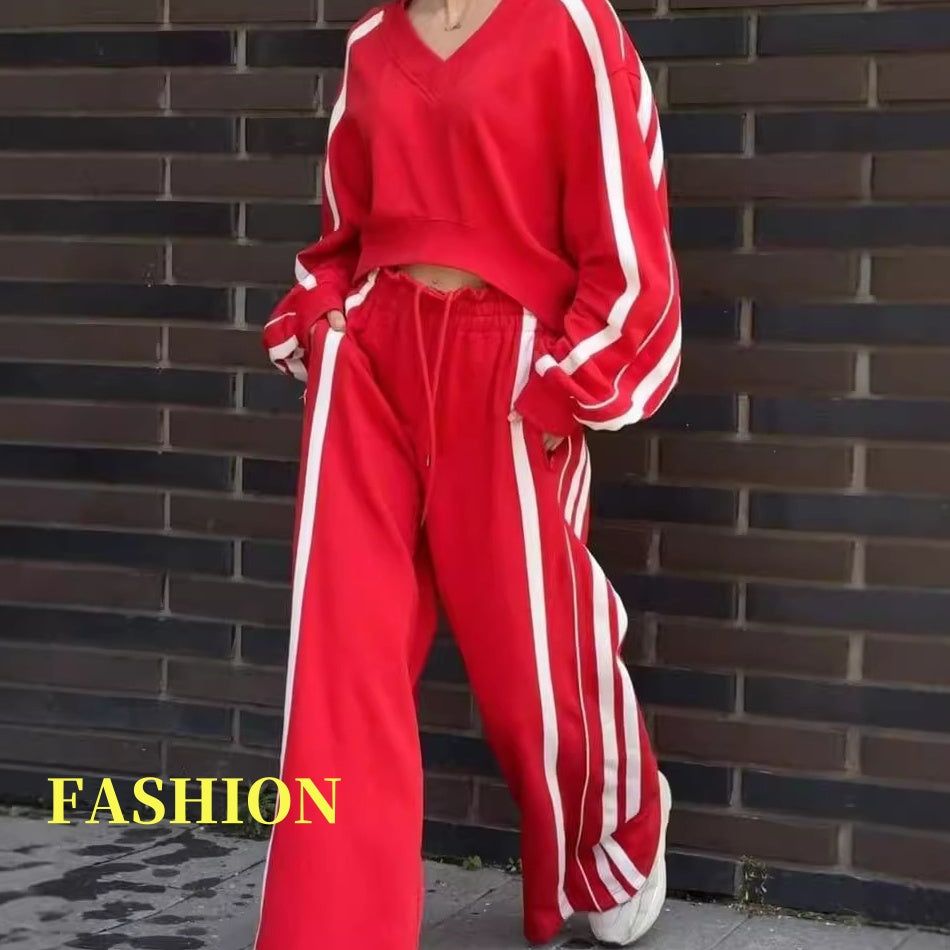 💕New sports suit 51% OFF💕V-Neck Sweatshirt & Wide-Leg Pants 2-Piece Set