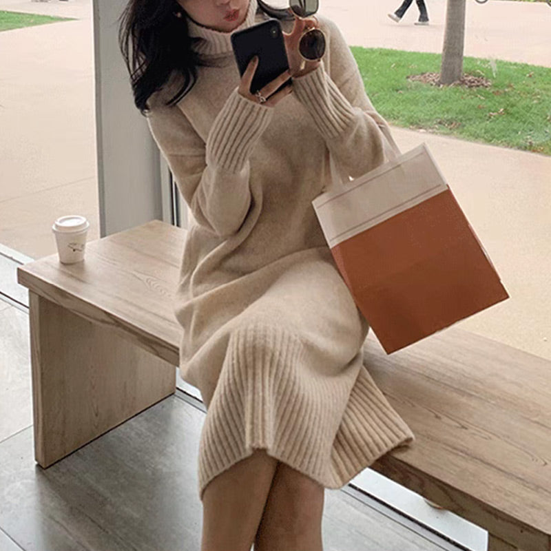 🔥Limited Time 50% Off 🔥Elegant Loose Solid Color Turtleneck Knit Dress